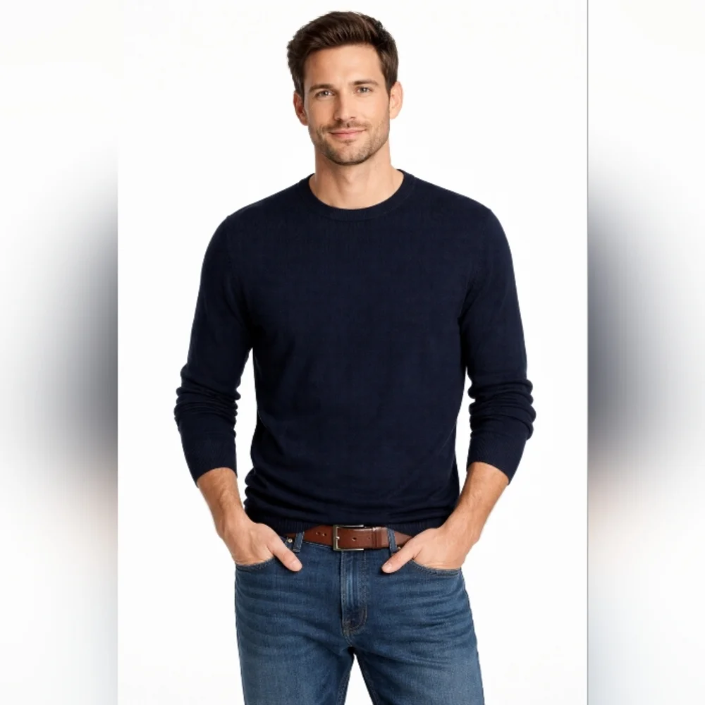 J Crew Men's  Navy Blue Long Sleeve 100% Merino Wool‎ Crew Neck Light Weight L.